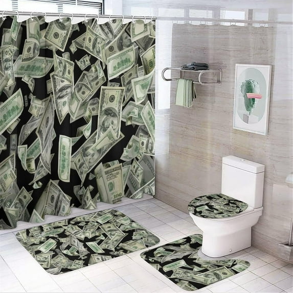 Retro Money Print 4 Pcs Shower Curtain Set Bathroom Set Funny United States Money 100 Dollar Bill Cash Theme Shower Mat Shower Curtain with Rug 12 Hooks,72" W x 72" L