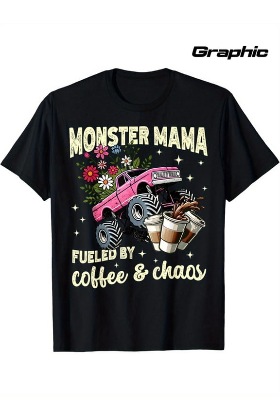 Retro Monster Mama Coffee and Chaos Pink Monster Truck Graphic T-Shirt Women's Vintage Aesthetic Apparel Humorous Fashion Top