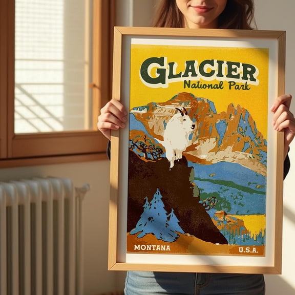Retro Montana Art Glacier Print Gift For Traveler National Park Wall Art Montana Travel Art Camping Poster Outdoorsy Decor Rv Wall Art, Modern Wall Decor, 24x36 UNFRAMED