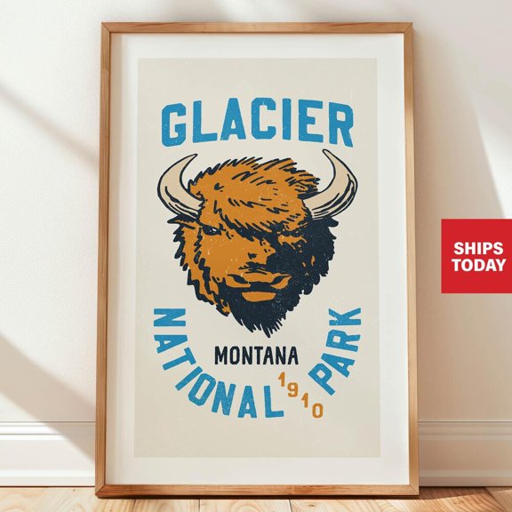 Retro Montana Bison Print Glacier National Park Art Home Decor Office Wall Art