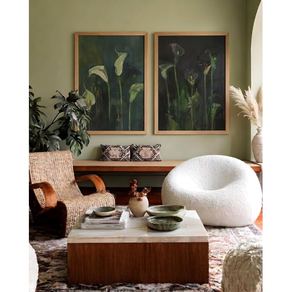 Retro Moody Calla Lily Sage Green Floral Botanical Grandmillennial Dark Set 2 Unframed Paper Print