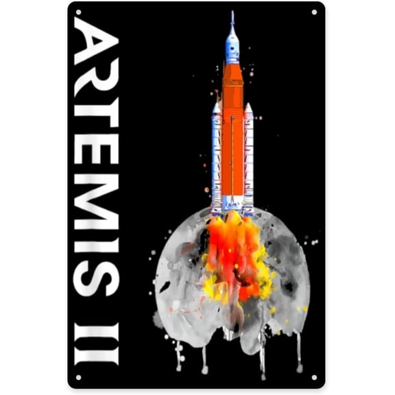 Retro Moon Mission 2026 Metal Wall Art Sign, Distressed Space Rocket Design, 8 x 12 Inch for Bar, Pub or Kitchen Decor
