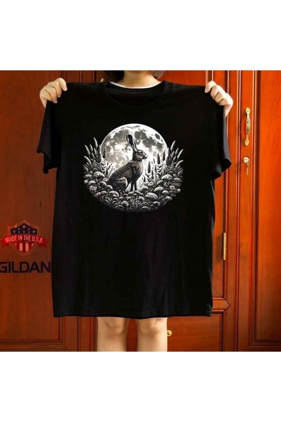 Retro Moon Rabbit Graphic T-Shirt Vintage Woodcut Hare Nature Floral Unisex Black Tee