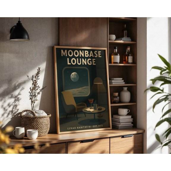 Retro Moonbase Lounge Mid Century Space Age Art, Unframed Canvas