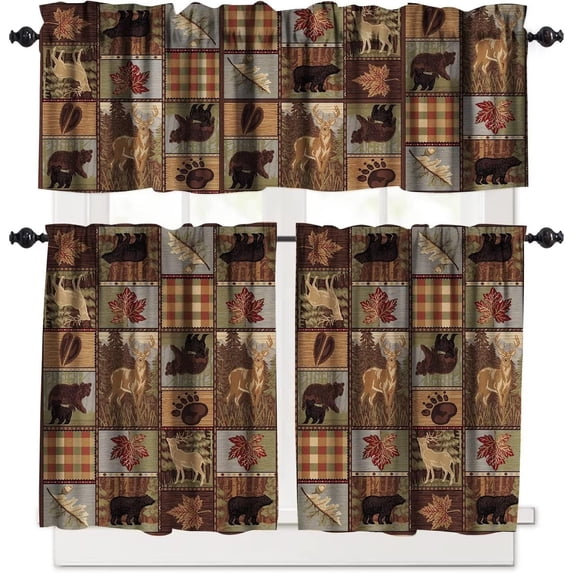 Retro Moose Deer Valance and Tier Set, Rustic Lodge Cabin Elk Small Half Window Tier Curtain, Valance Window Treatment Decor for Kitchen/Bedroom 52x18 & 27x24x2, 3 Panel