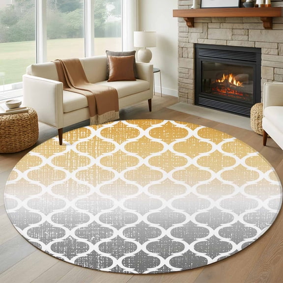 Retro Moroccan 6FT Round Area Rugs for Living Room Trellis Yellow Grey Ombre Abstract Geometric Ultra-Thin Non-Slip Round Rugs Machine Washable Low Pile Circle Carpet for Bedroom Kitchen Nursery