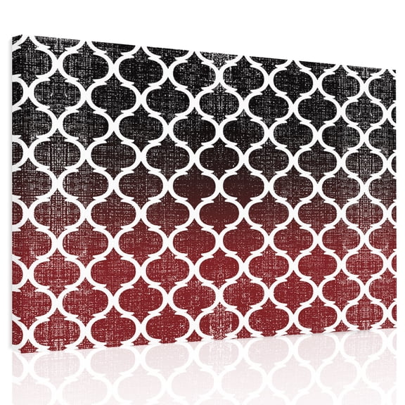 Retro Moroccan Canvas Print Wall Art, Trellis Red Black Ombre Abstract Geometric Wall Decor Modern Artwork Paintings Pictures for Living Room Framed and Stretched Ready to Hang, 24" x 32"