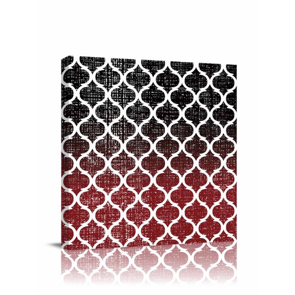 Retro Moroccan Canvas Wall Art, Trellis Red Black Ombre Abstract Geometric Framed Wall Decor Modern Artwork Prints Painting for Living Room, Bedroom, Kitchen & Cafe Decor 8x8 Inch