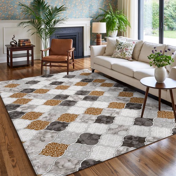 Retro Moroccan Lattice Grey Marble Area Rug for Bedroom Living Room Rug 5x7ft, Soft Sponge Cushioned Non-Slip Washable Rugs, Modern Minimalist Style Rectangle Rugs for Dining Room Office Nursery Home
