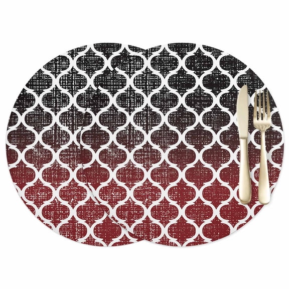 Retro Moroccan Leather Placemats Set of 2, 12 Inch, Trellis Red Black Ombre Abstract Geometric Waterproof Oil-Proof Place Mats, Non-Slip Table Mats for Kitchen, Dining Room, Indoor Outdoor