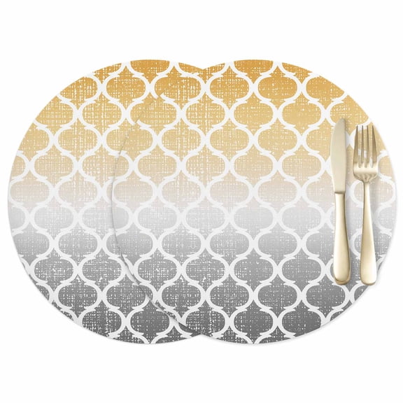 Retro Moroccan Leather Placemats Set of 2, 12 Inch, Trellis Yellow Grey Ombre Abstract Geometric Waterproof Oil-Proof Place Mats, Non-Slip Table Mats for Kitchen, Dining Room, Indoor Outdoor