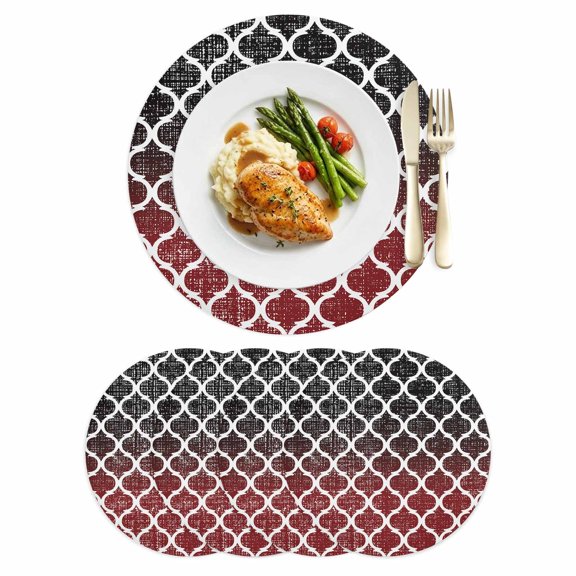 Retro Moroccan Leather Placemats Set of 4, 15 Inch, Trellis Red Black Ombre Abstract Geometric Waterproof Oil-Proof Place Mats, Non-Slip Table Mats for Kitchen, Dining Room, Indoor Outdoor