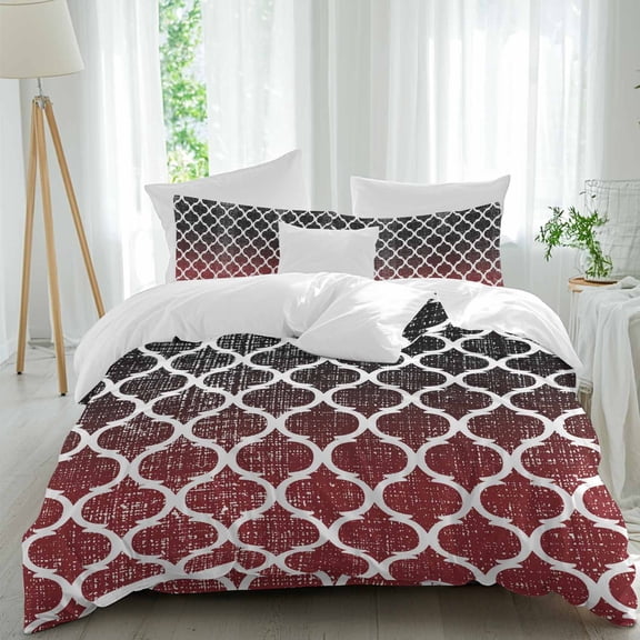 Retro Moroccan Queen Duvet Cover Set, Trellis Red Black Ombre Abstract Geometric 4 Piece Microfiber Bedding Set with Zipper Closure, Bed Sheet and 2 Pillow Shams, Soft Bedding Cover