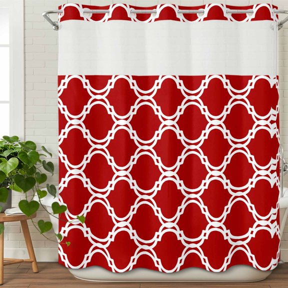 Retro Moroccan Red Geometric No Hook Shower Curtain with Snap in Liner Set,Abstract Watercolor Stripe Waterproof Fabric Shower Curtains with See Through Top Window for Bathroom,72Wx72L