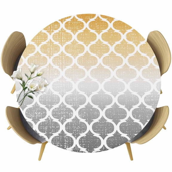 Retro Moroccan Round Fitted Table Cover Trellis Yellow Grey Ombre Abstract Geometric Waterproof Table Cloth with Elastic Edge Wipeable Tablecloth for Picnic Camping Party Fits 36"-44" Diameter