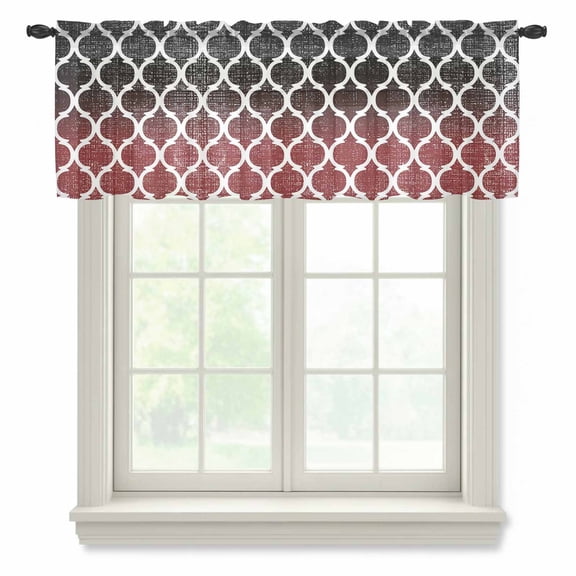 Retro Moroccan Semi Sheer Valance Curtains Trellis Red Black Ombre Abstract Geometric Voile Valances Curtain Rod Pocket Small Window Treatment for Kitchen Bathroom Cafe 42"x18"