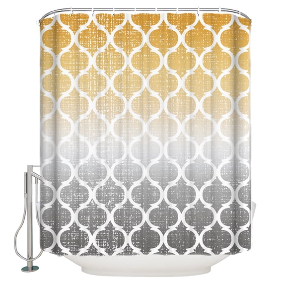 Retro Moroccan Shower Curtain, 66" x 72", Trellis Yellow Grey Ombre Abstract Geometric Waterproof Bathroom Curtain Washable Shower Curtain Set with 12 Hooks