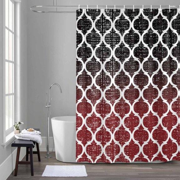 Retro Moroccan Shower Curtain for Bathroom Decor, Trellis Red Black Ombre Abstract Geometric Waterproof Fabric Shower Curtain, 72"x78" Set with 12 Hooks