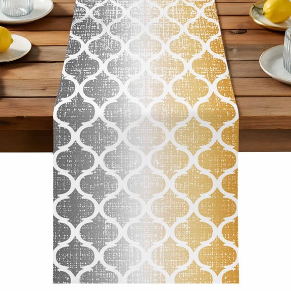 Retro Moroccan Table Runner, Trellis Yellow Grey Ombre Abstract Geometric Cotton Linen Table Cloth, Tablerunner for Kitchen Dining Party Wedding Home Decor 13x36 Inch