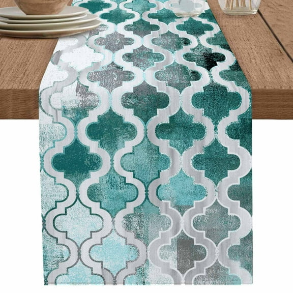 Retro Morocco Green Texture Table Runner-36 Inch Long Mottled Abstract Art Table Runners Linen Burlap Tablerunner for Kitchen Dining Room Holiday Party