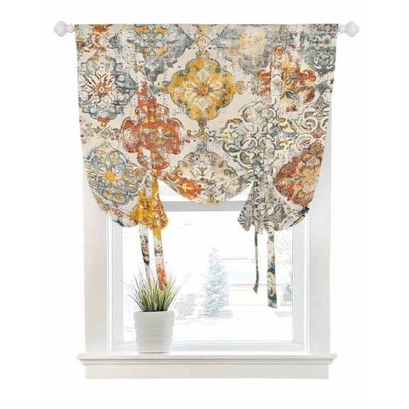Retro Morocco Tie Up Curtains for Window, Thermal Insulated Balloon Shade Adjustable Rod Pocket Curtains Valance Panels for Kitchen Bathroom Cafe 42 x 45 Boho Shabby Abstract Geometric Aesthetic