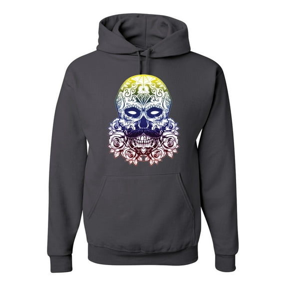 Retro Mosaic Style Floral Trippy Skulls Fashion Graphic Hoodie Sweatshirt, Charcoal, Large