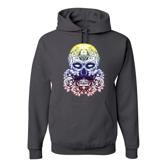 Retro Mosaic Style Floral Trippy Skulls Fashion Graphic Hoodie Sweatshirt, Charcoal, X-Large