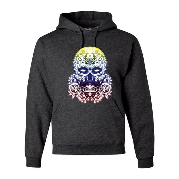 Retro Mosaic Style Floral Trippy Skulls Fashion Graphic Hoodie Sweatshirt, Heather Black, X-Large