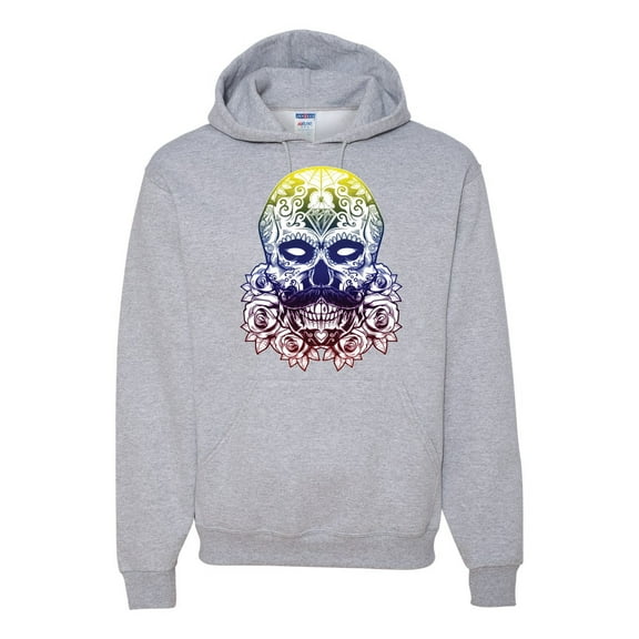 Retro Mosaic Style Floral Trippy Skulls Fashion Graphic Hoodie Sweatshirt, Heather Grey, Small