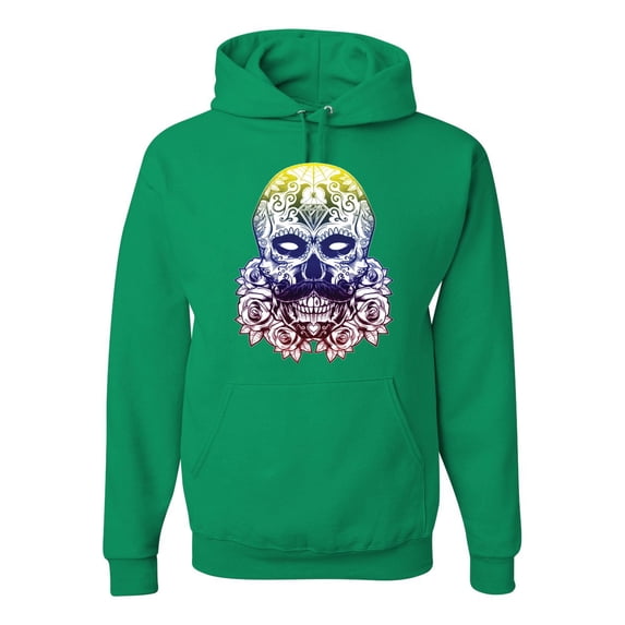Retro Mosaic Style Floral Trippy Skulls Fashion Graphic Hoodie Sweatshirt, Kelly, 2XL