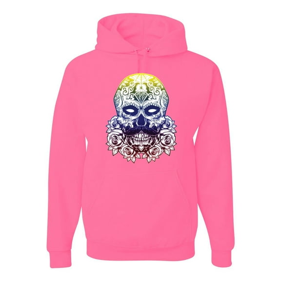 Retro Mosaic Style Floral Trippy Skulls Fashion Graphic Hoodie Sweatshirt, Neon Pink, X-Large