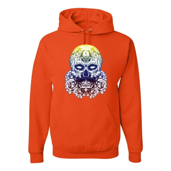 Retro Mosaic Style Floral Trippy Skulls Fashion Graphic Hoodie Sweatshirt, Orange, Large
