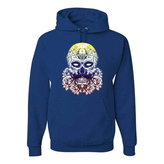 Retro Mosaic Style Floral Trippy Skulls Fashion Graphic Hoodie Sweatshirt, Royal, Medium
