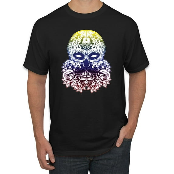 Retro Mosaic Style Floral Trippy Skulls Fashion Graphic T-Shirt, Black, Medium