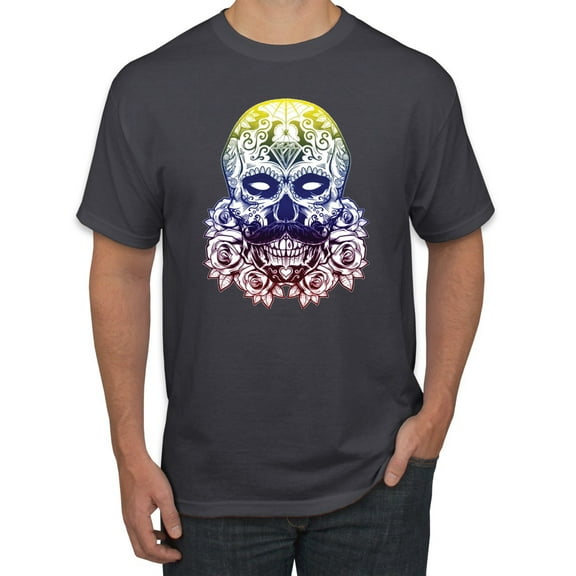 Retro Mosaic Style Floral Trippy Skulls Fashion Graphic T-Shirt, Charcoal, Large