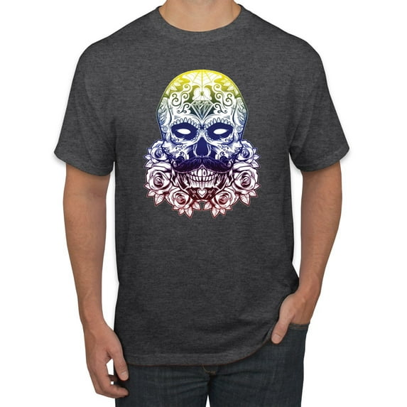 Retro Mosaic Style Floral Trippy Skulls Fashion Graphic T-Shirt, Heather Black, Medium
