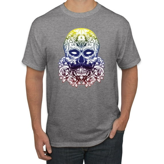 Retro Mosaic Style Floral Trippy Skulls Fashion Graphic T-Shirt, Heather Grey, Medium