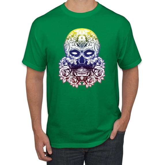 Retro Mosaic Style Floral Trippy Skulls Fashion Graphic T-Shirt, Kelly, 2XL