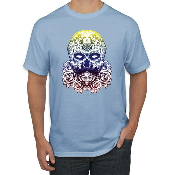 Retro Mosaic Style Floral Trippy Skulls Fashion Graphic T-Shirt, Light Blue, 2XL