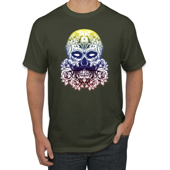 Retro Mosaic Style Floral Trippy Skulls Fashion Graphic T-Shirt, Military Green, X-Large