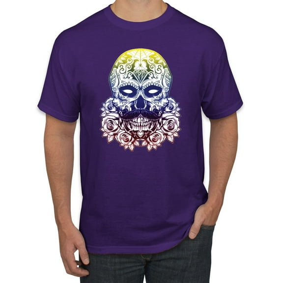 Retro Mosaic Style Floral Trippy Skulls Fashion Graphic T-Shirt, Purple, Medium