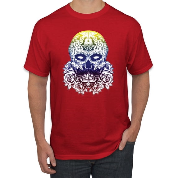 Retro Mosaic Style Floral Trippy Skulls Fashion Graphic T-Shirt, Red, Medium