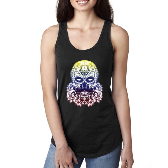 Retro Mosaic Style Floral Trippy Skulls Fashion Ladies Racerback Tank Top, Black, Large
