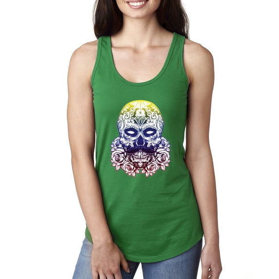 Retro Mosaic Style Floral Trippy Skulls Fashion Ladies Racerback Tank Top, Kelly, Small