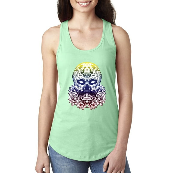 Retro Mosaic Style Floral Trippy Skulls Fashion Ladies Racerback Tank Top, Mint, Small
