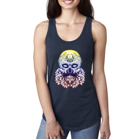 Retro Mosaic Style Floral Trippy Skulls Fashion Ladies Racerback Tank Top, Navy, Small