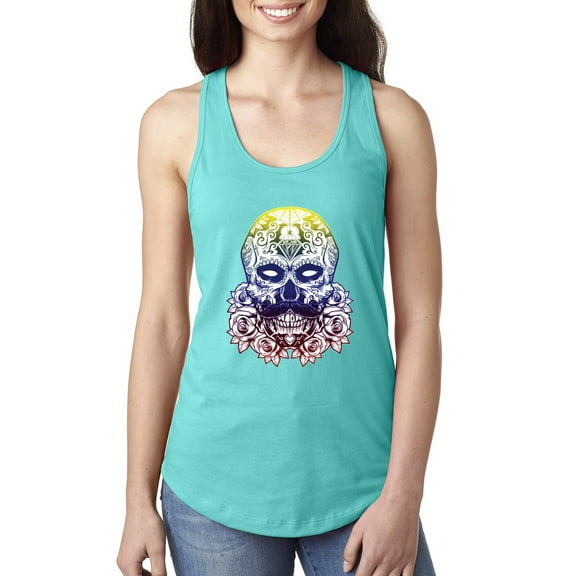 Retro Mosaic Style Floral Trippy Skulls Fashion Ladies Racerback Tank Top, Tahiti Blue, Medium