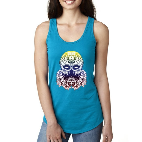 Retro Mosaic Style Floral Trippy Skulls Fashion Ladies Racerback Tank Top, Turquoise, Medium