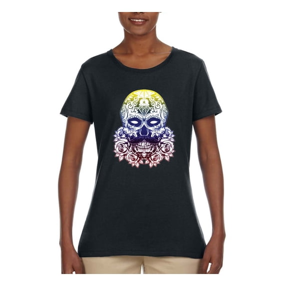 Retro Mosaic Style Floral Trippy Skulls Fashion Womens Graphic T-Shirt, Black, Large