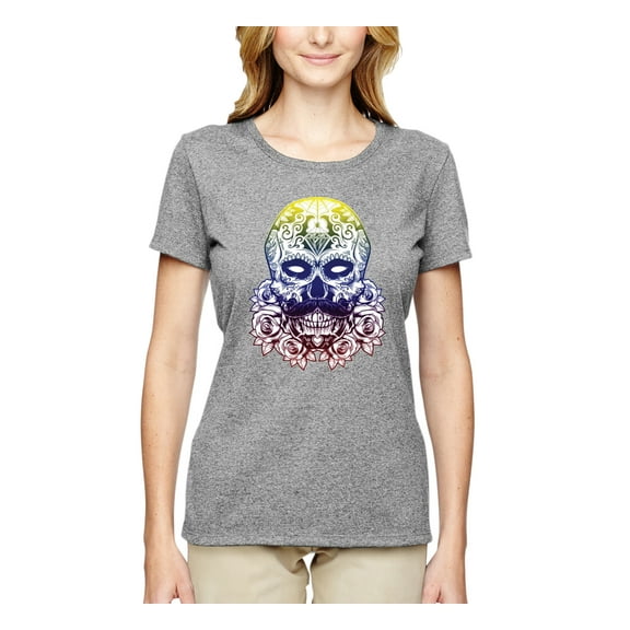 Retro Mosaic Style Floral Trippy Skulls Fashion Womens Graphic T-Shirt, Heather Grey, Medium